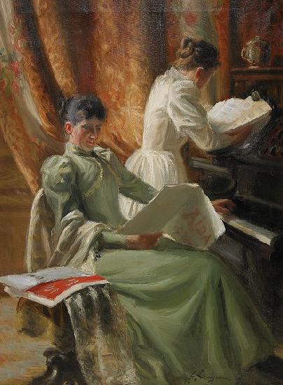 Emil Lindgren Interior med musicerande kvinnor vid pianot